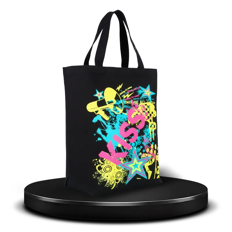 Black non-woven fabric everyday use shopping bag custom printed with an interesting design with the word Kiss in pink