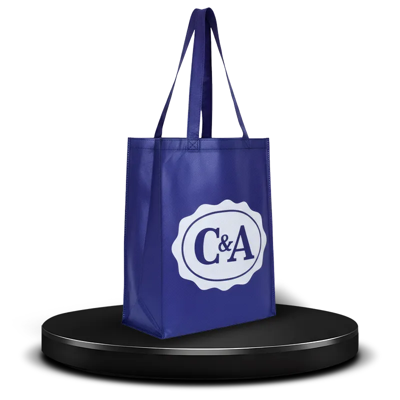 Medium sized navy blue non-woven everyday use fabric shopping bag custom printed with logo