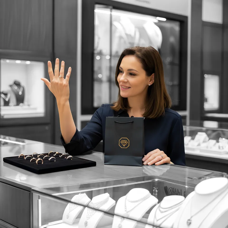 A woman buying a ring at the interior of a jewelry store with a blue luxury shopping bag in front over the counter