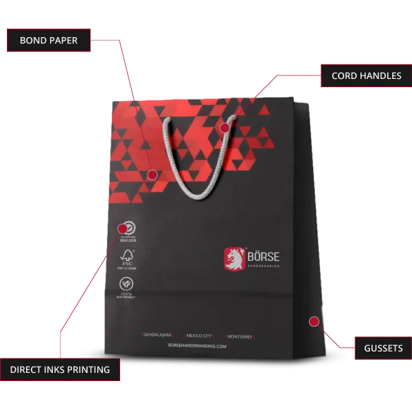 Custom printed bond type paper shopping bag featuring light gray cord handles and gussets with no finishings