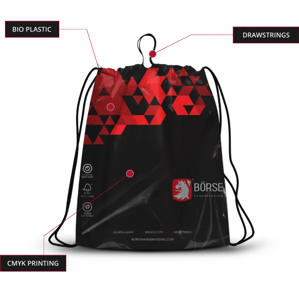 Custom printed bio plastic shopping bag backpack style with logo, design and dark gray drawstrings