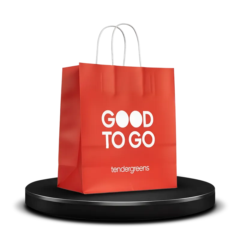 Small size everyday use paper shopping bag printed in rd with white logo featuring white braided handles and plastic laminated finish