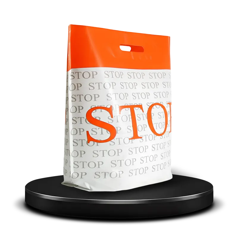 Everyday use medium size custom printed plastic / poly shopping bag with die cut handles and silver ink pattern lettering design