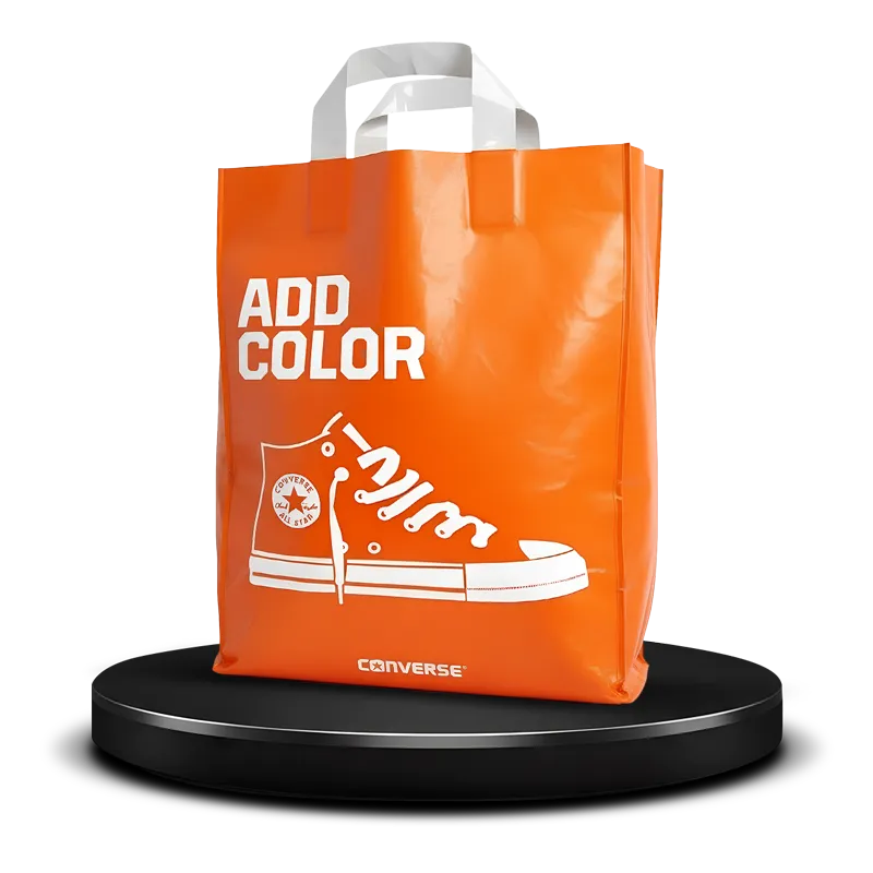 Custom printed orange value plastic / poly shopping bag featuring light gray loop handles